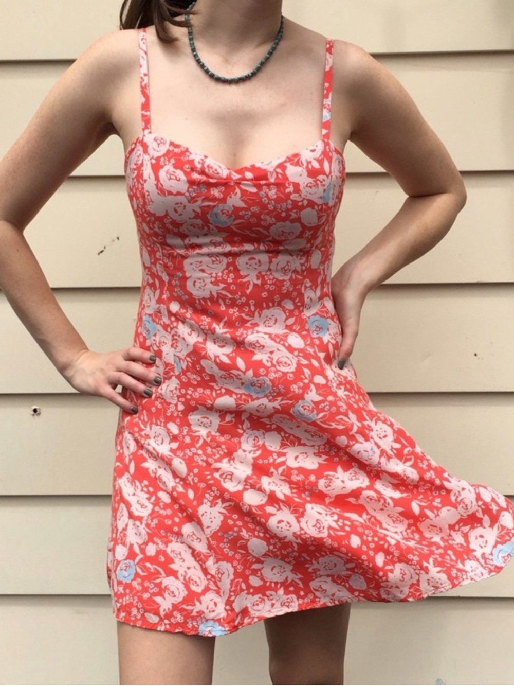 Free People Red Floral Twist Back Mini Dress Size 10 - Picture 2 of 11